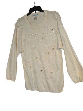 Victoria Harbour Womens Cream Beaded Sweater M 55% Ramie 45% Cotton Embellished